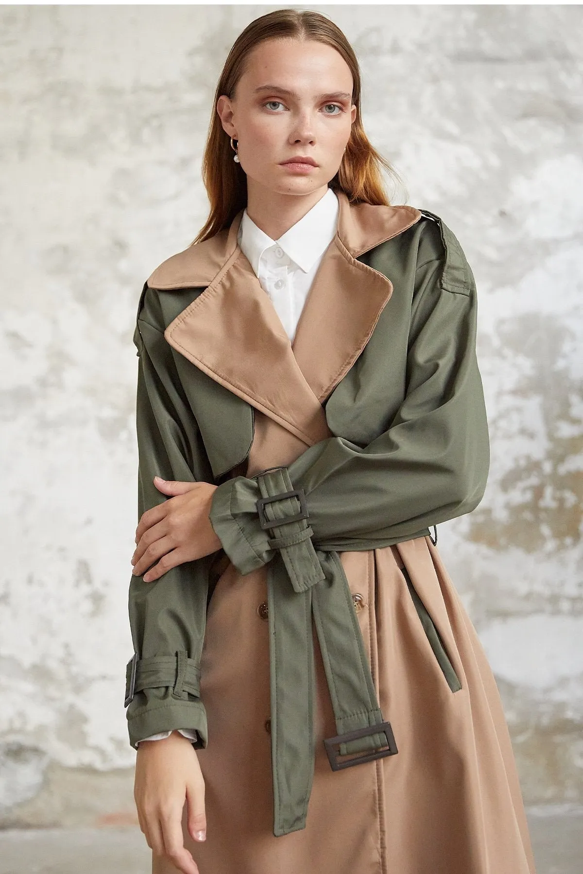 MDS Women Two-Tone Epaulet Detail Trench Coat - Khaki - Oviedo