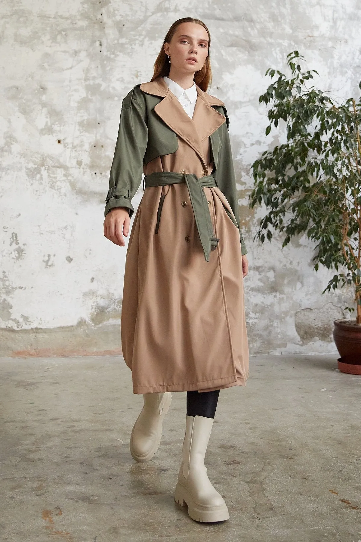 MDS Women Two-Tone Epaulet Detail Trench Coat - Khaki - Oviedo