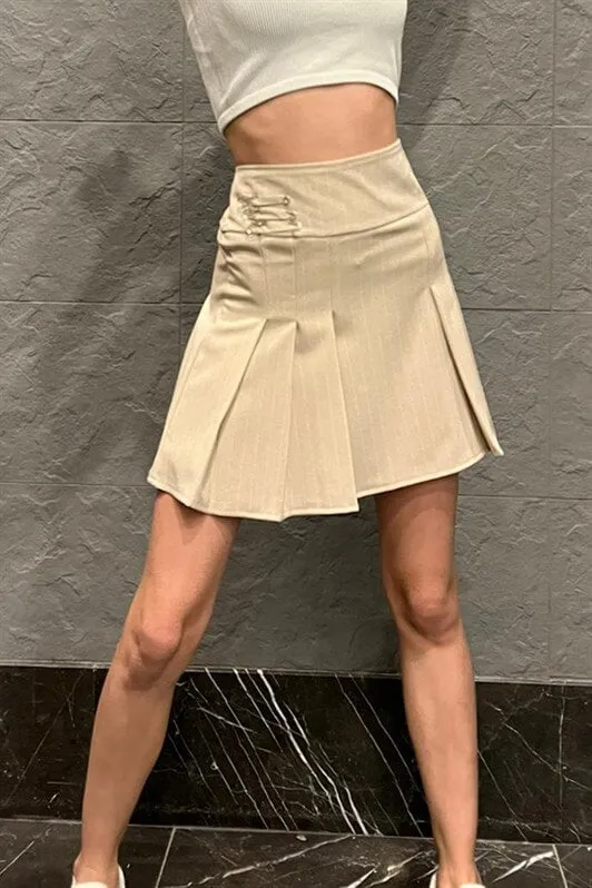 MDX Beige Striped Pleated Short Women's Skirt MG1451 - Sumy