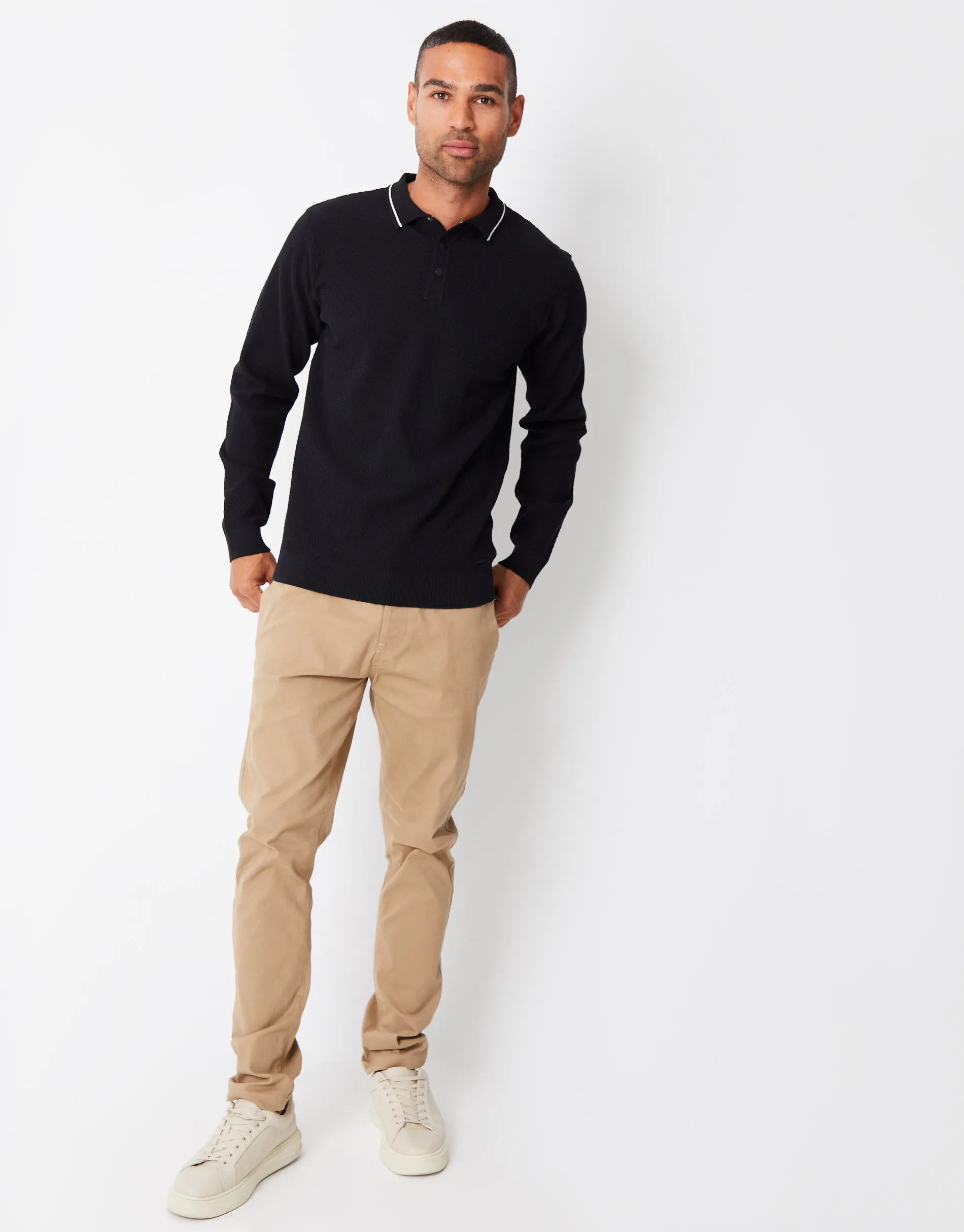 Men's Black Textured Knitted Long Sleeve Polo Jumper