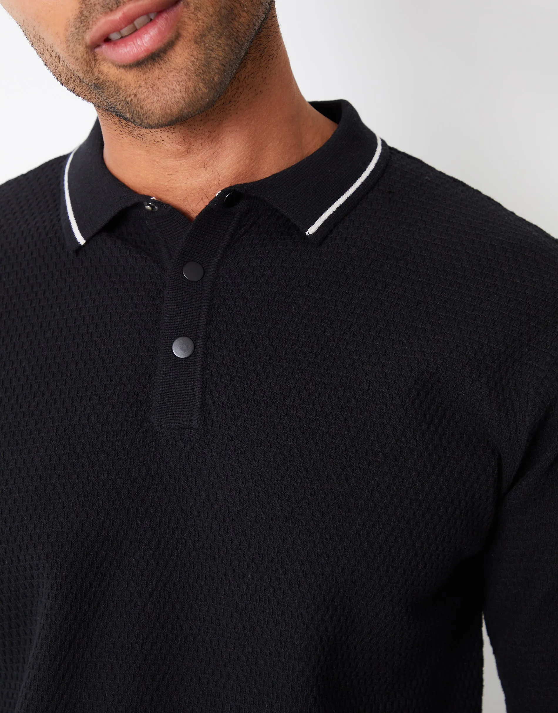 Men's Black Textured Knitted Long Sleeve Polo Jumper