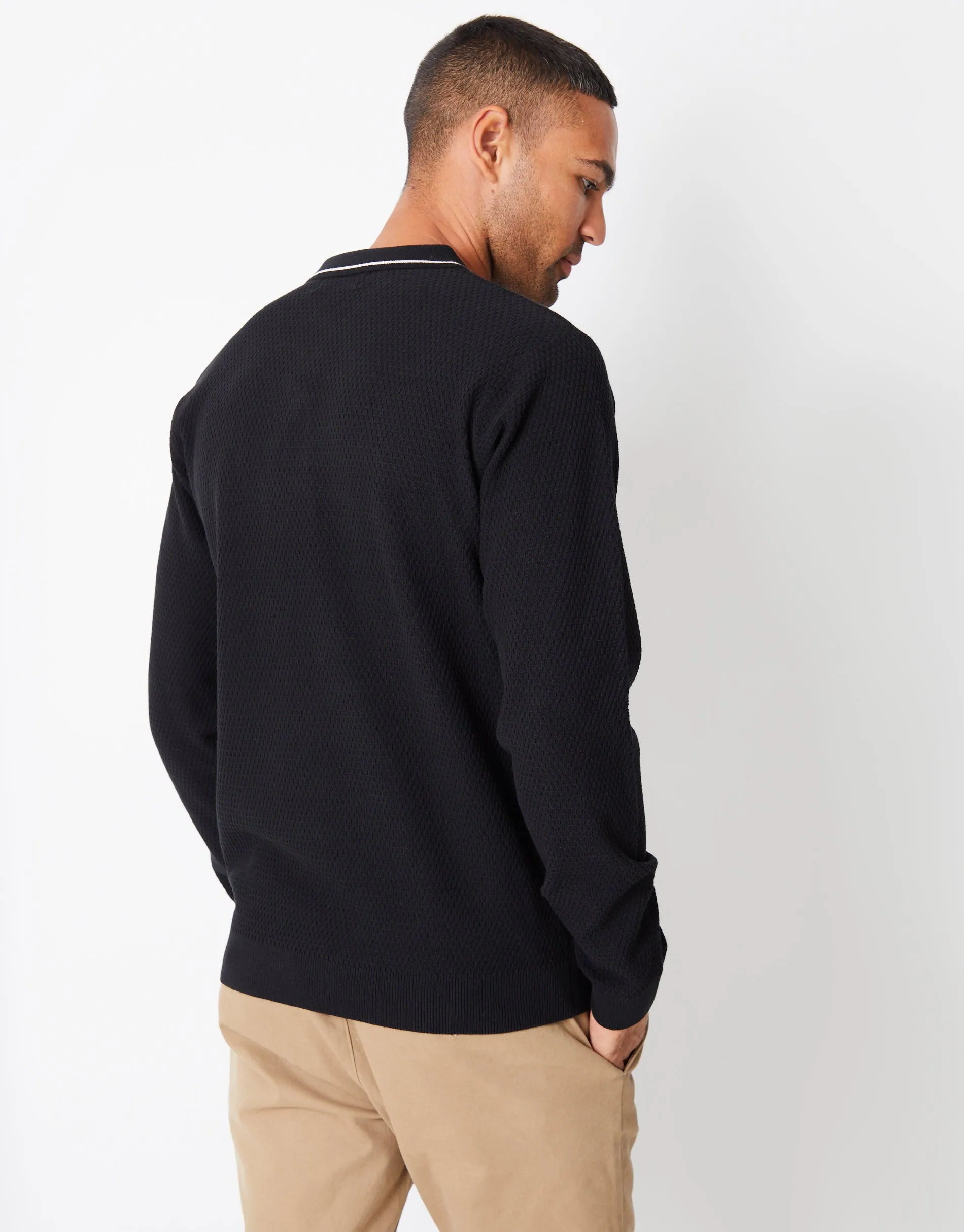 Men's Black Textured Knitted Long Sleeve Polo Jumper