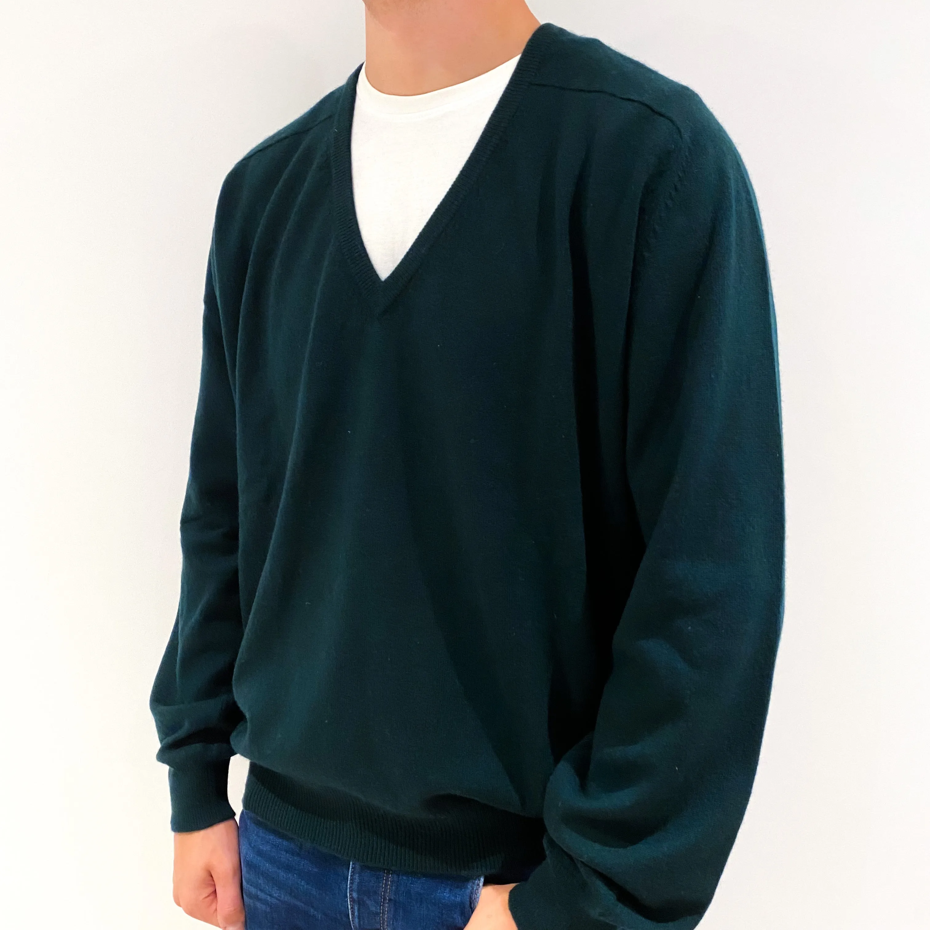Men's Bottle Green Cashmere Low V-Neck Jumper Extra Extra Large