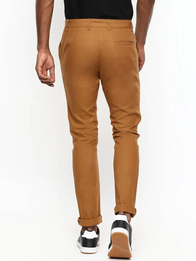 Men's Brown Cotton Solid Mid-Rise Casual Regular Fit Chinos
