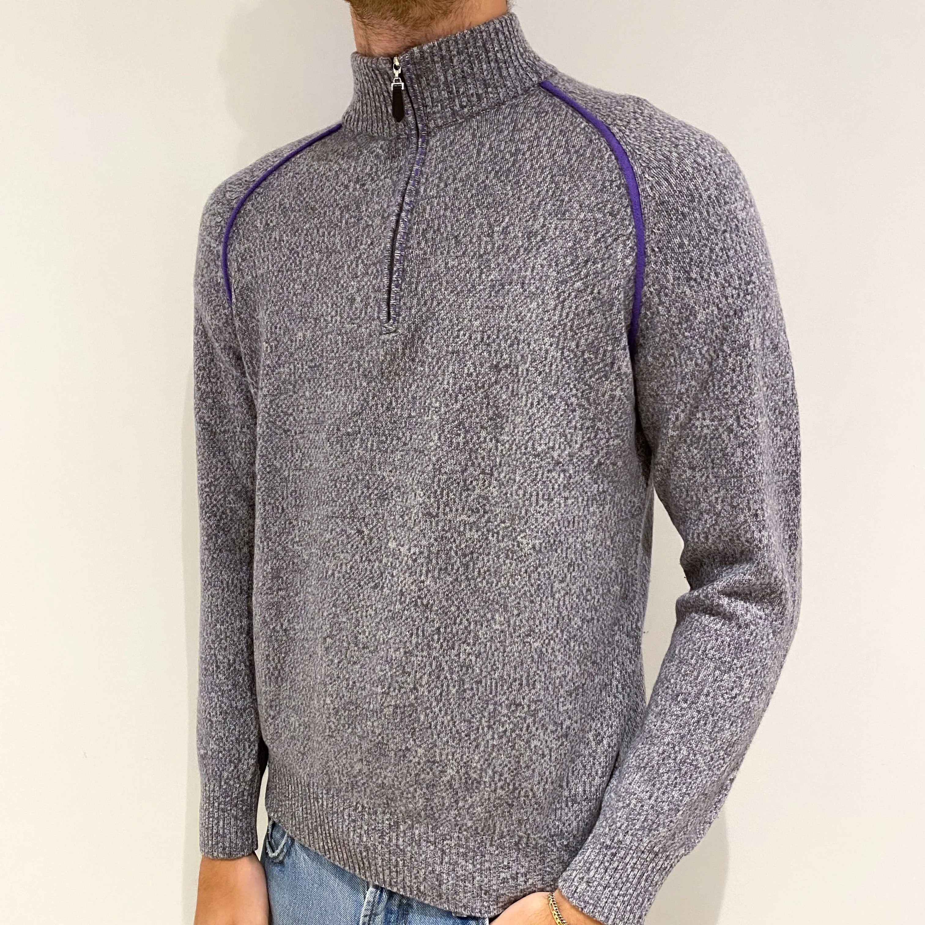 Men's Grey Marl Cashmere 1/4 Zip Jumper Large