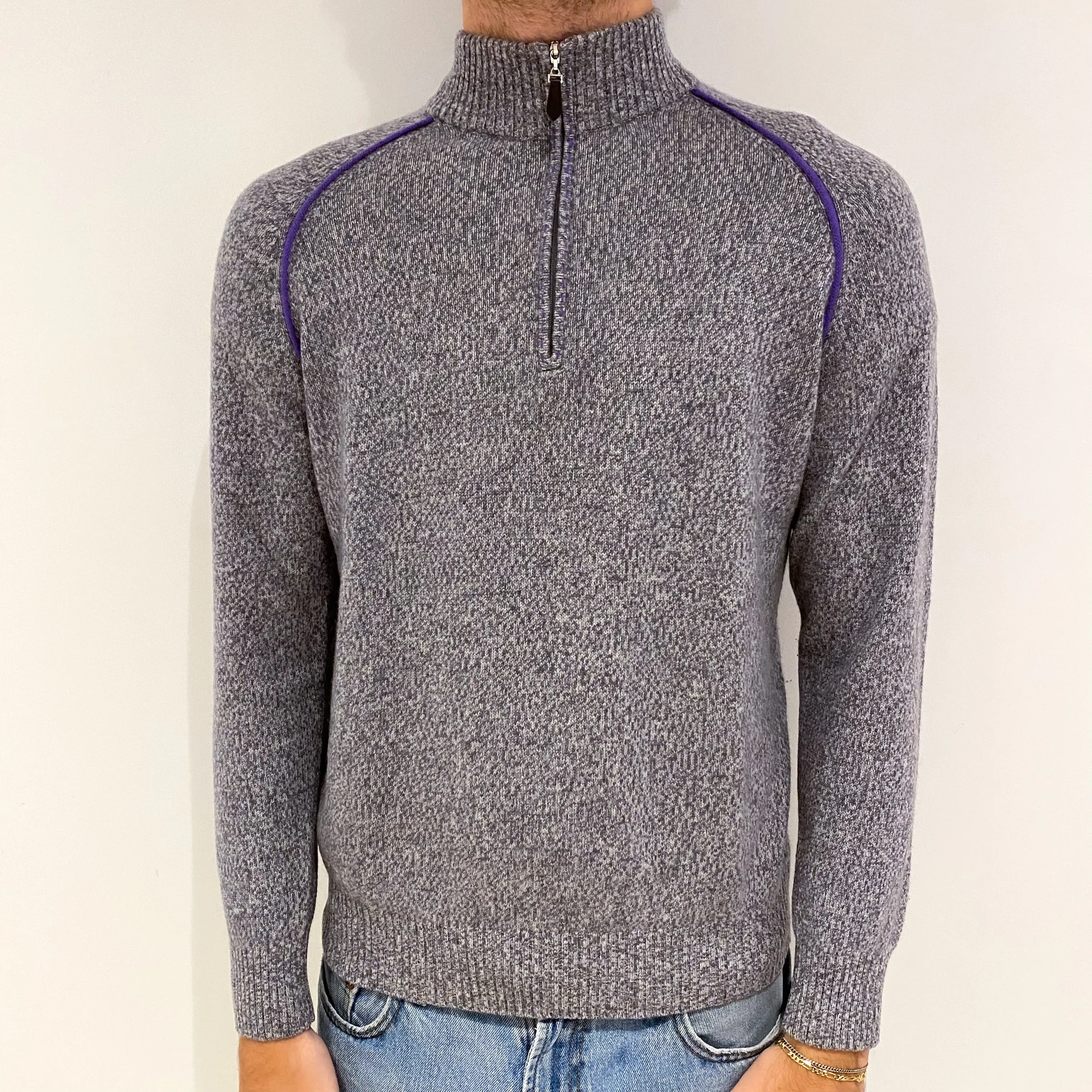 Men's Grey Marl Cashmere 1/4 Zip Jumper Large