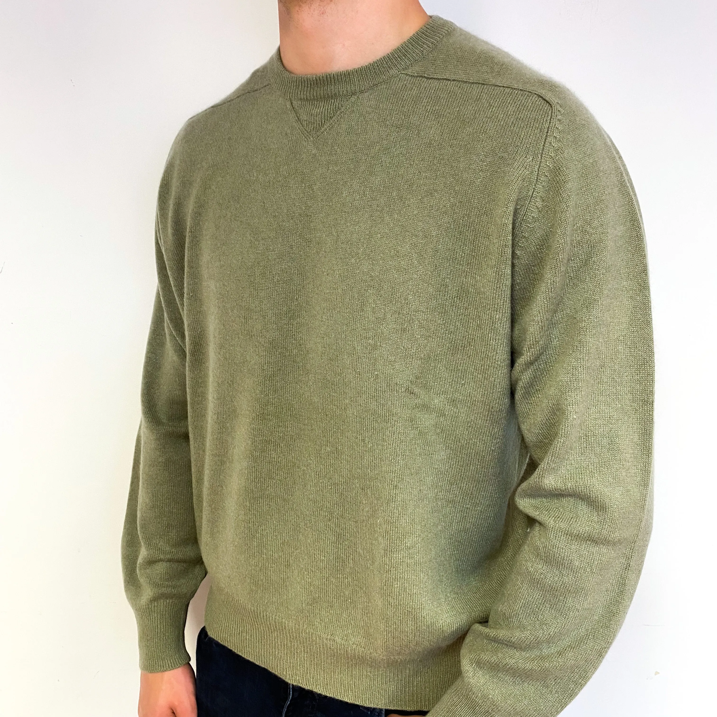 Men's Sage Green Cashmere Crew Neck Jumper Extra Extra Large