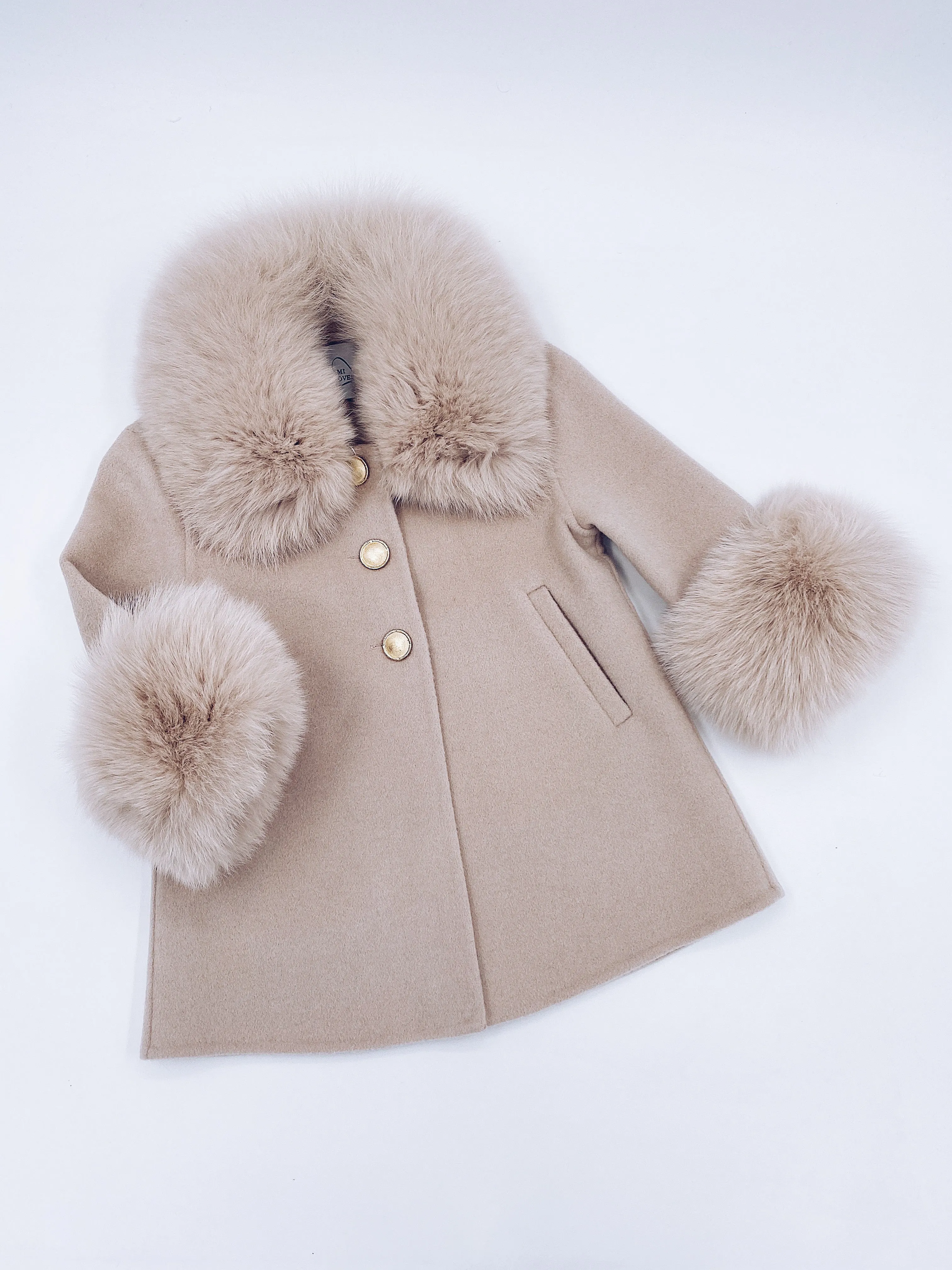 MI LOVES SIGNATURE Luxurious Cashmere kids coat with Fox fur trim and cuffs in Beautiful Nude colour