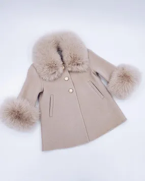 MI LOVES SIGNATURE Luxurious Cashmere kids coat with Fox fur trim and cuffs in Beautiful Nude colour
