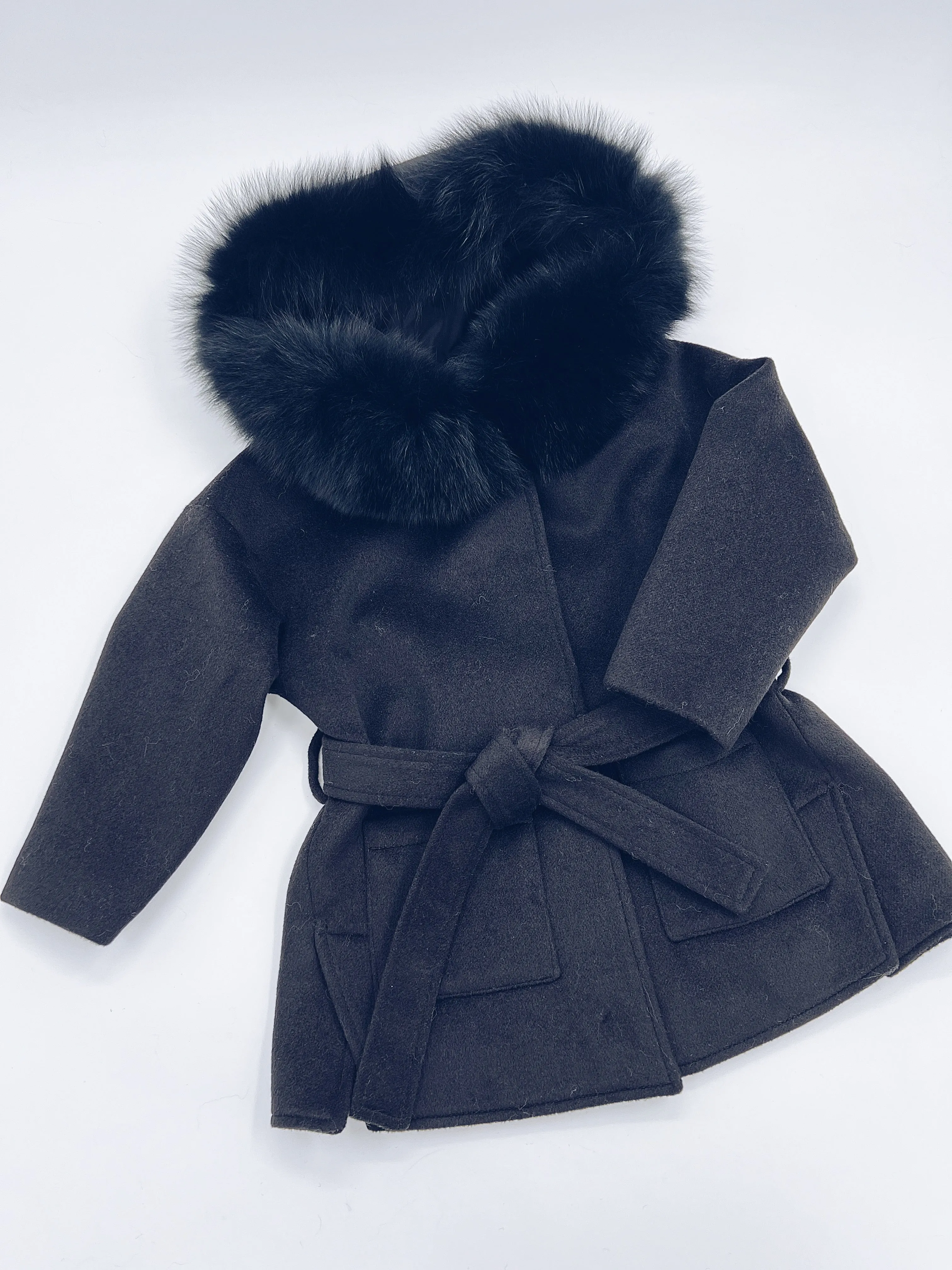 MI LOVES SIGNATURE Luxurious wool kids coat with Fox fur trim in Black colour.
