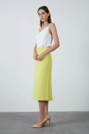 Midi Tweed Fabric Yellow Skirt with Slit at the Back