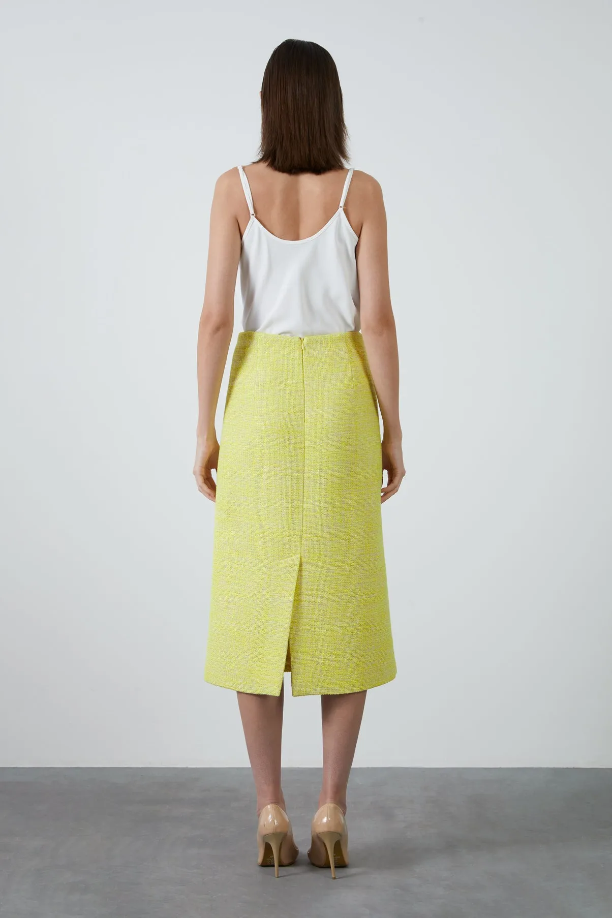Midi Tweed Fabric Yellow Skirt with Slit at the Back