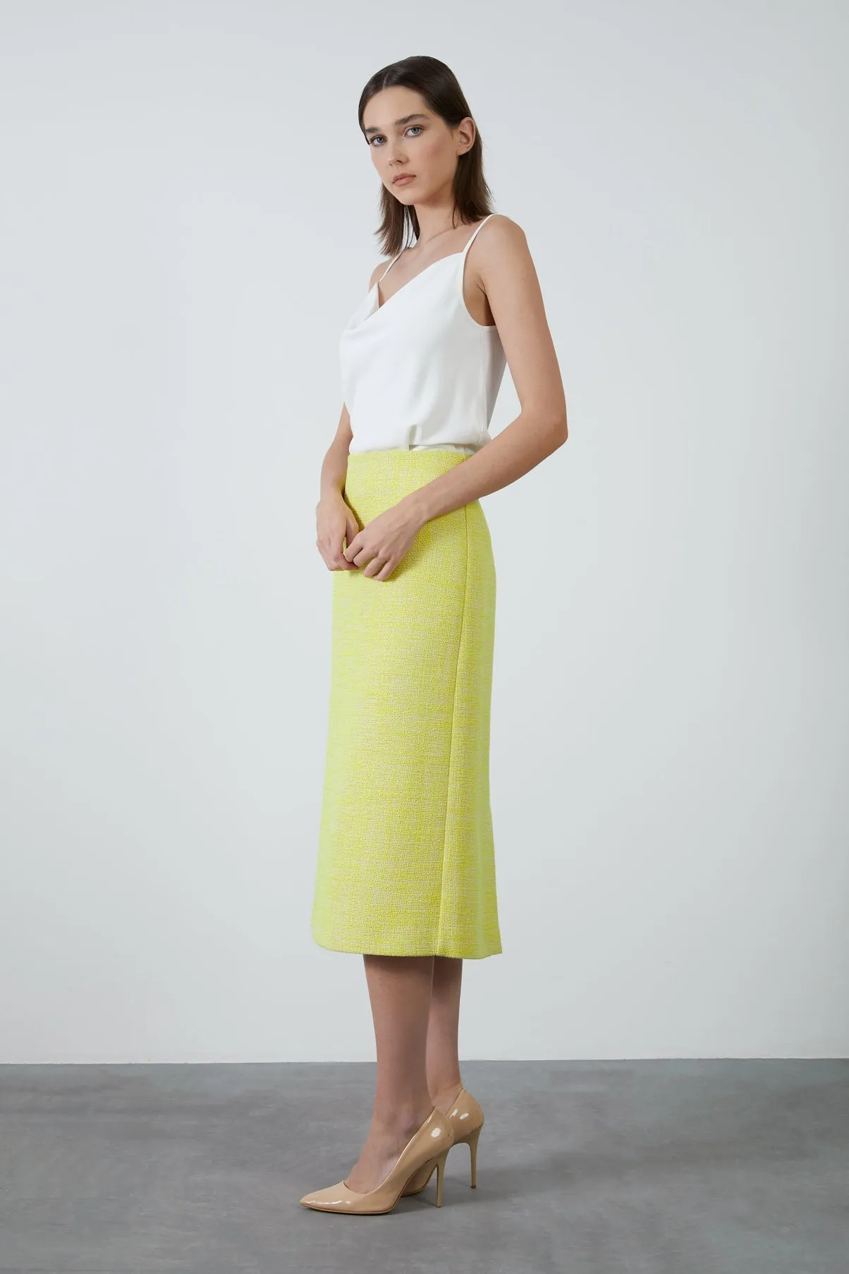 Midi Tweed Fabric Yellow Skirt with Slit at the Back