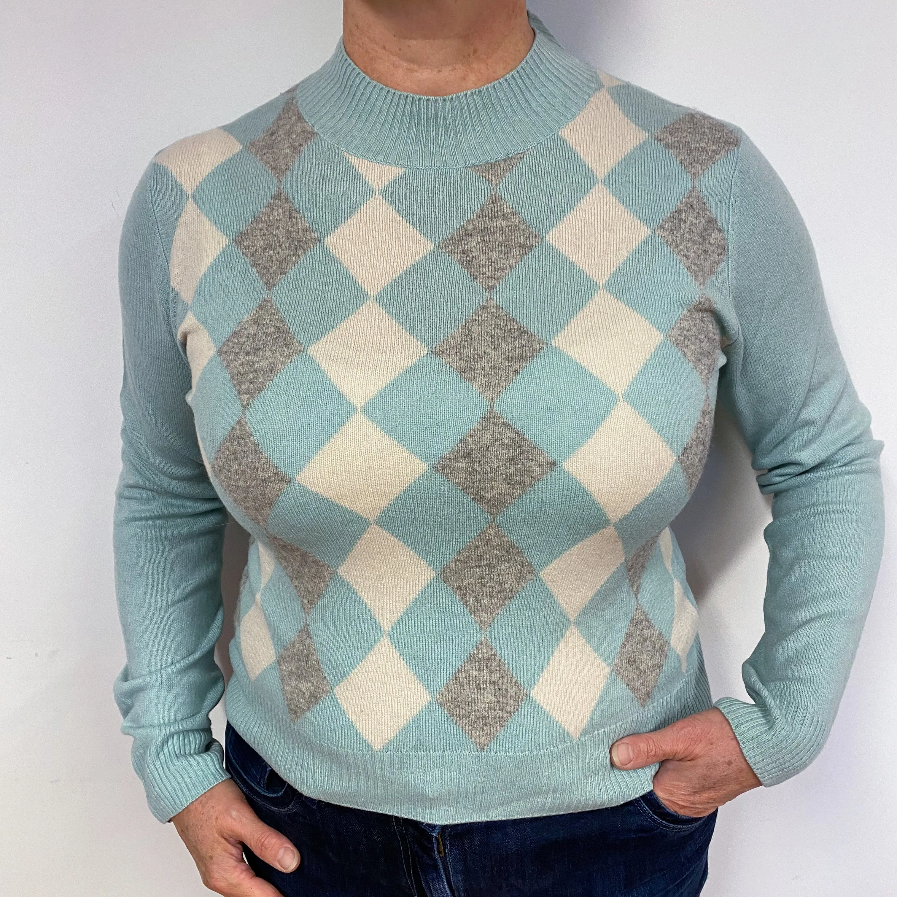 Mint Green Diamond Cashmere Turtle Neck Jumper Large