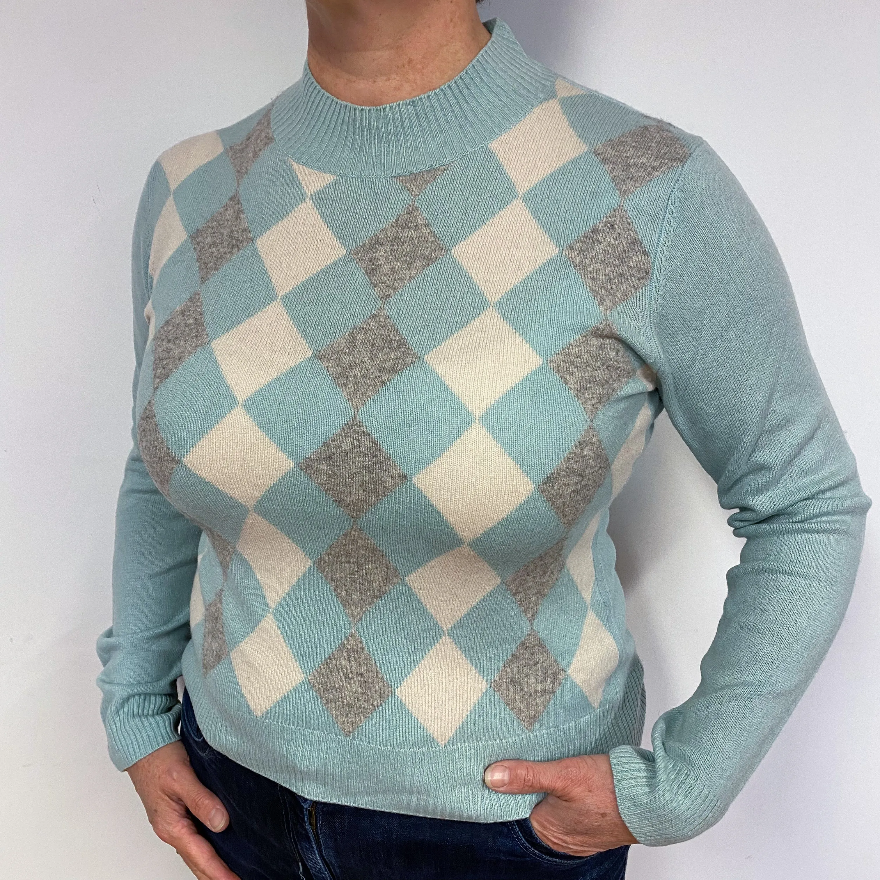 Mint Green Diamond Cashmere Turtle Neck Jumper Large