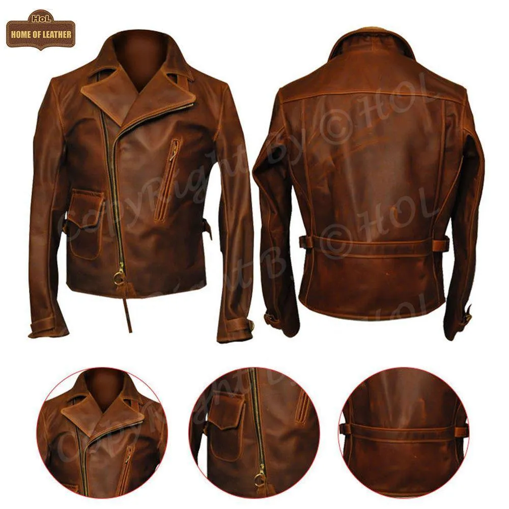 MMJ15 Men's Captain America The First Avengers Distressed Brown Army Style Biker Jacket