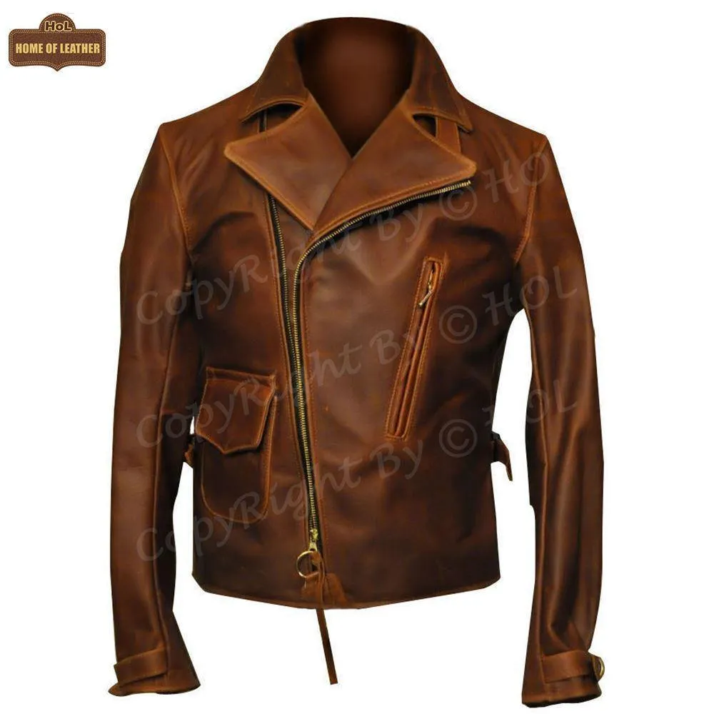 MMJ15 Men's Captain America The First Avengers Distressed Brown Army Style Biker Jacket