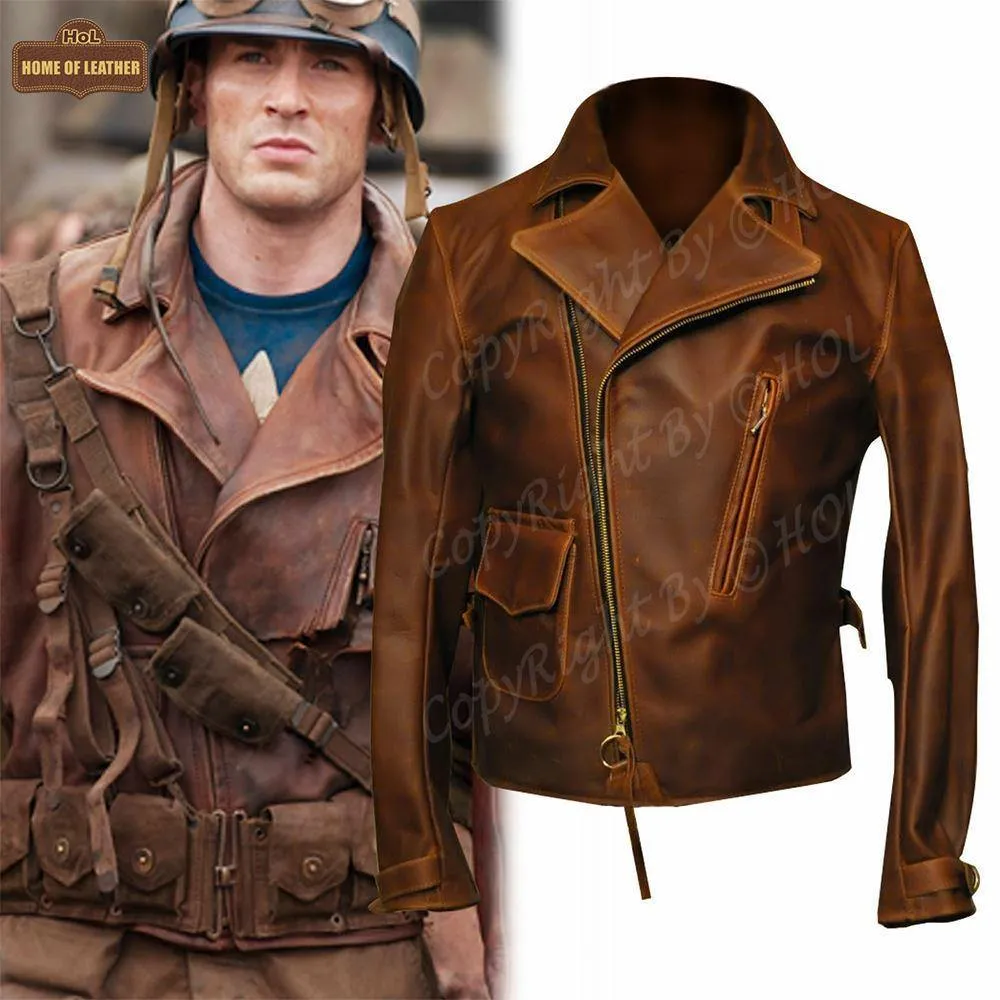 MMJ15 Men's Captain America The First Avengers Distressed Brown Army Style Biker Jacket