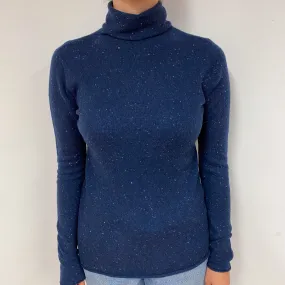 Navy Blue Speckle Cashmere Polo Neck Jumper Small