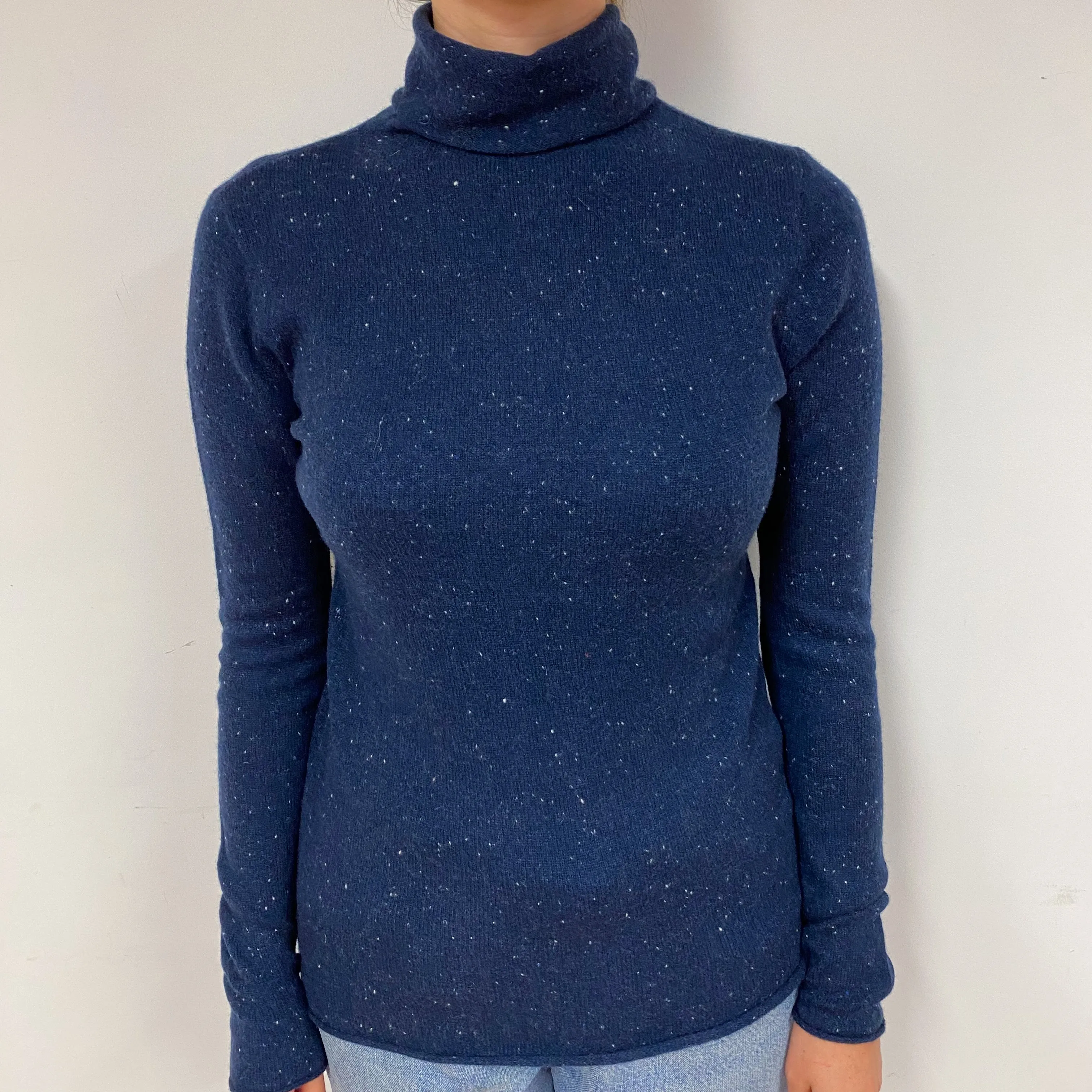 Navy Blue Speckle Cashmere Polo Neck Jumper Small