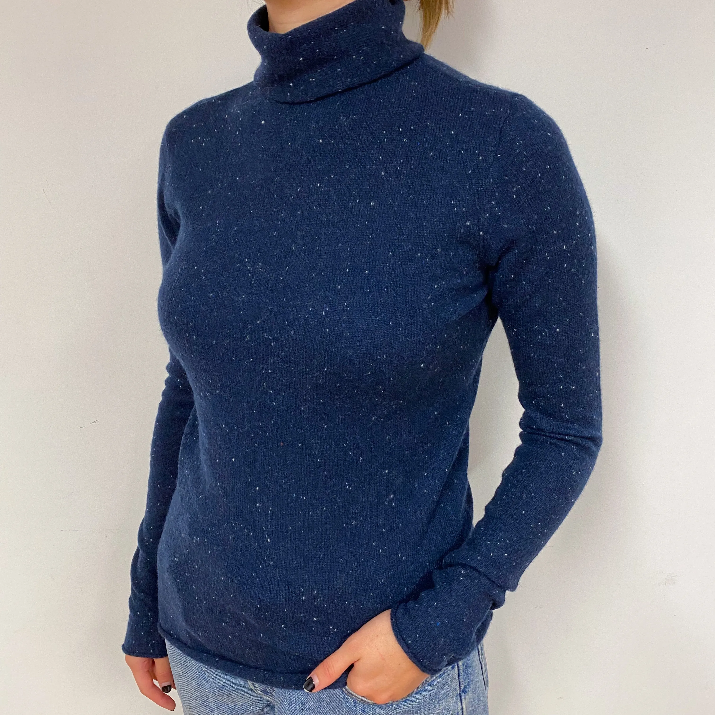 Navy Blue Speckle Cashmere Polo Neck Jumper Small