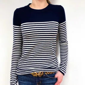 Navy Cream Stripe Cashmere Crew Neck Jumper Extra Small