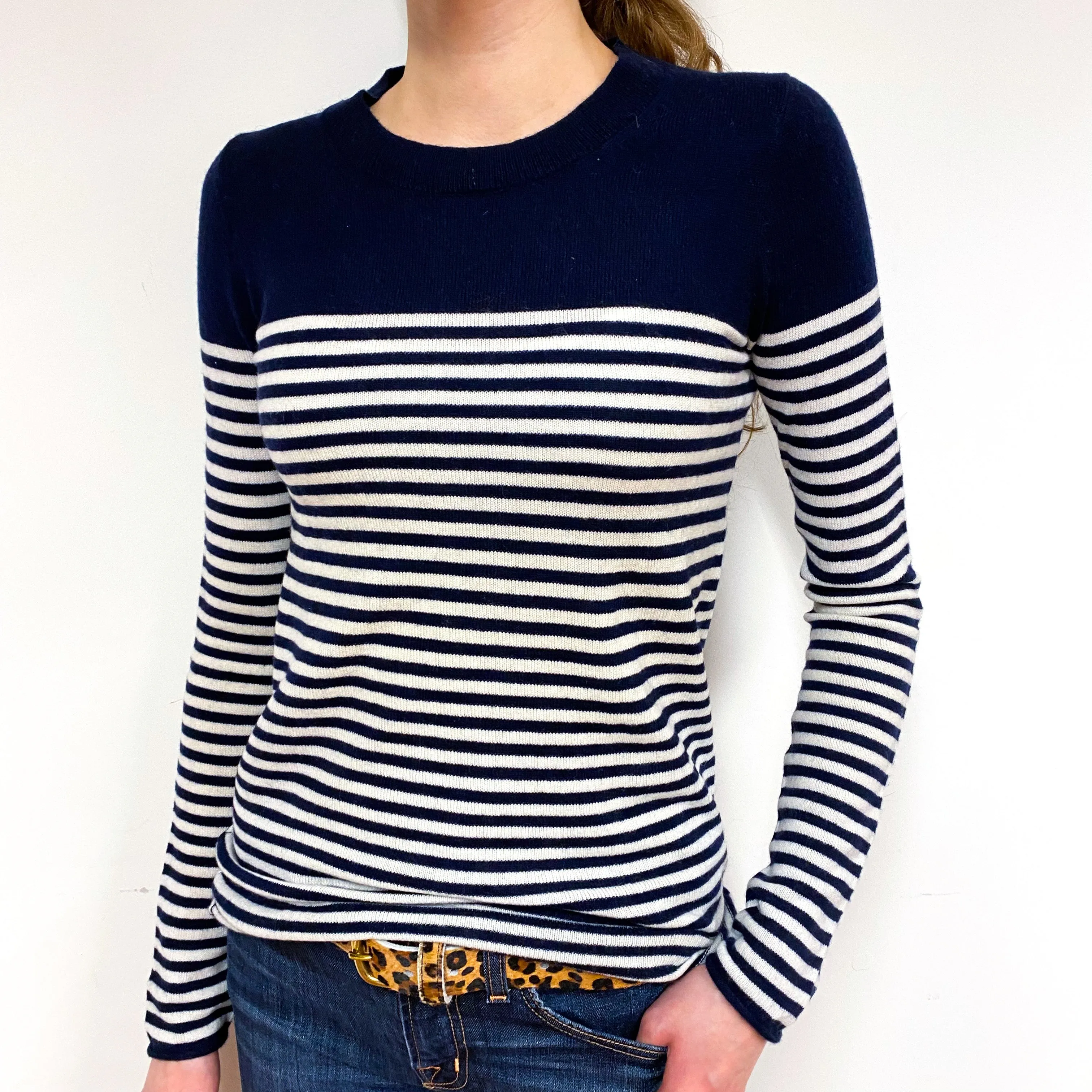 Navy Cream Stripe Cashmere Crew Neck Jumper Extra Small