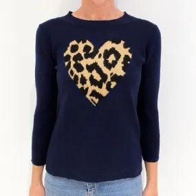 Navy Leopard Heart Cashmere Crew Neck Jumper Small