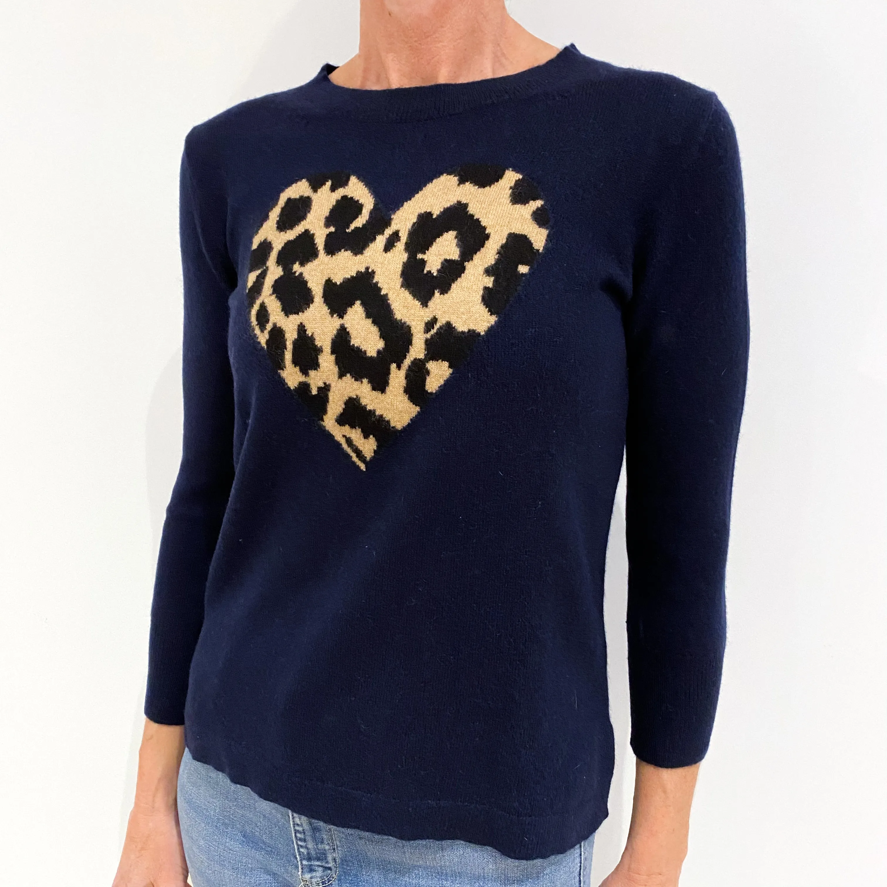 Navy Leopard Heart Cashmere Crew Neck Jumper Small