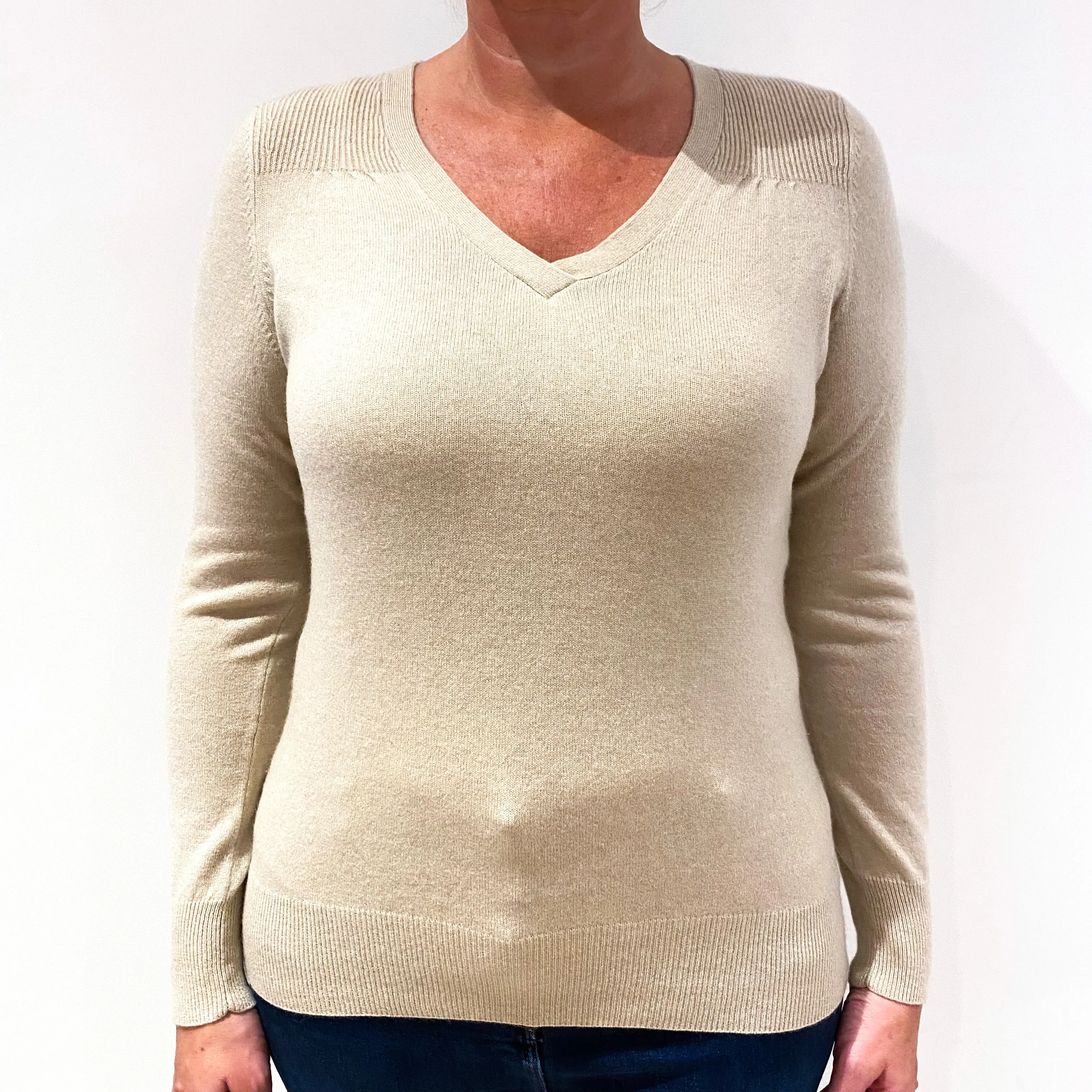 Oatmeal Cashmere V-Neck Jumper Large