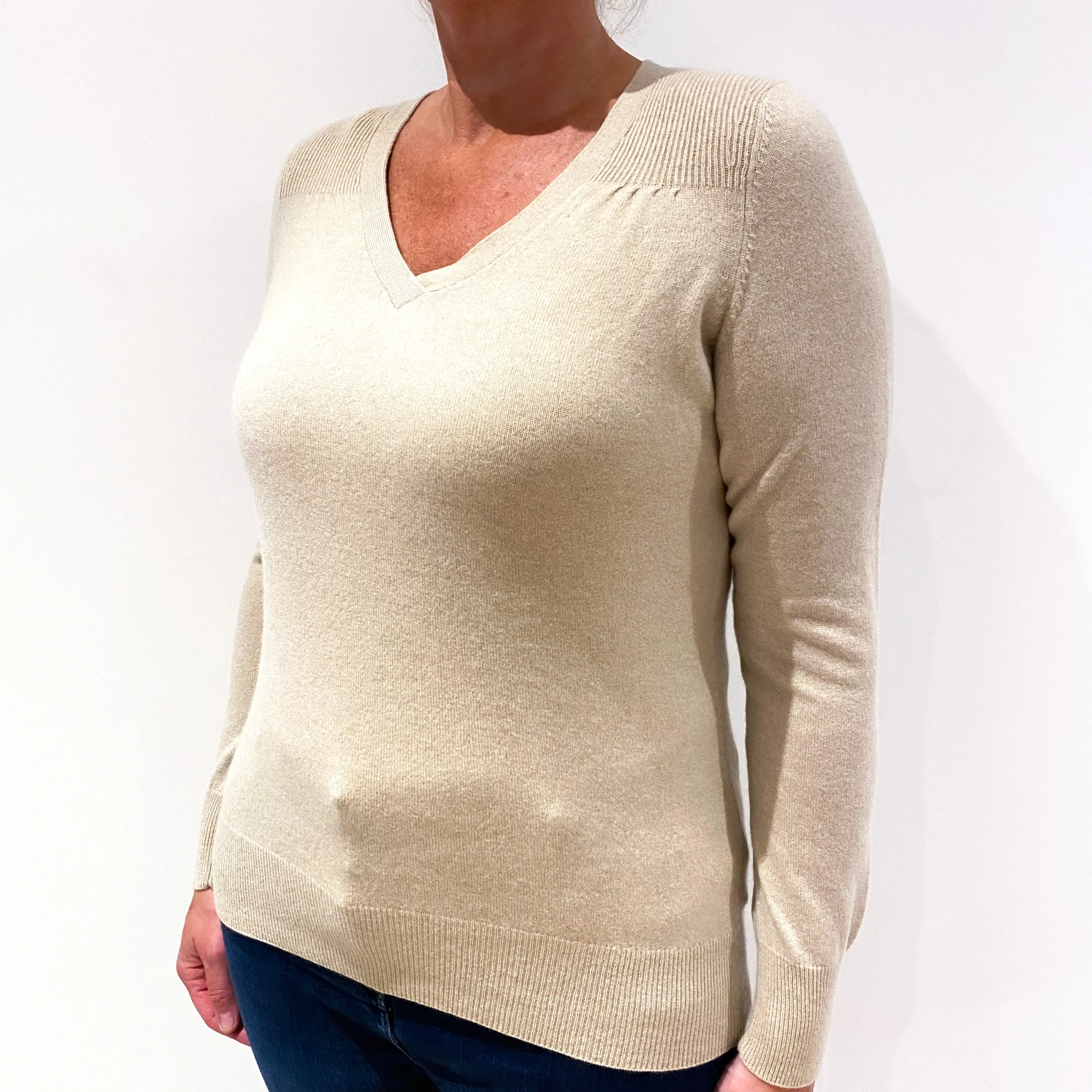 Oatmeal Cashmere V-Neck Jumper Large