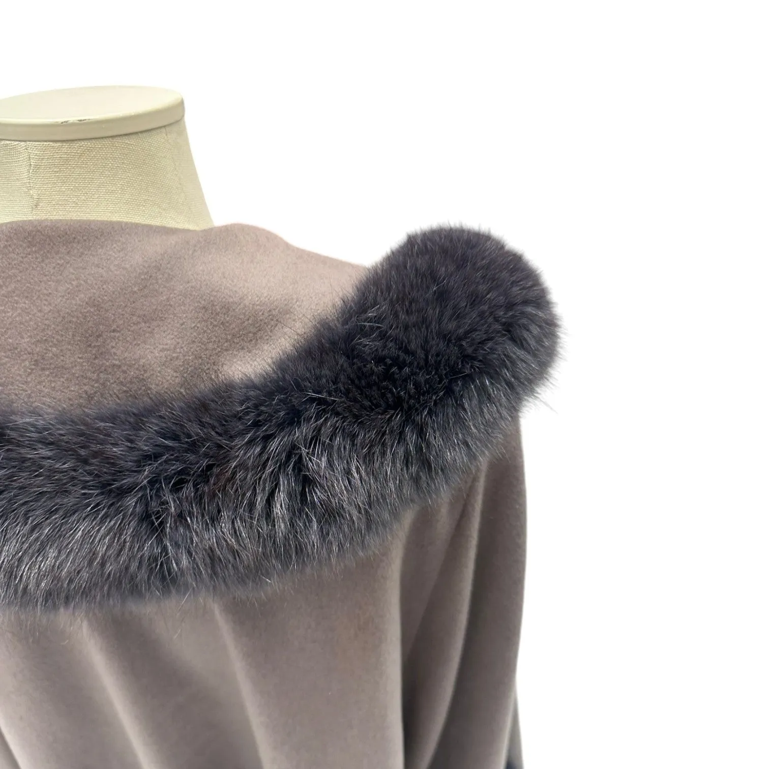Open Front Coat Fox Fur Trim Cashmere Brown