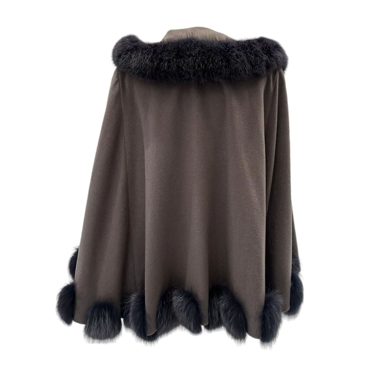 Open Front Coat Fox Fur Trim Cashmere Brown