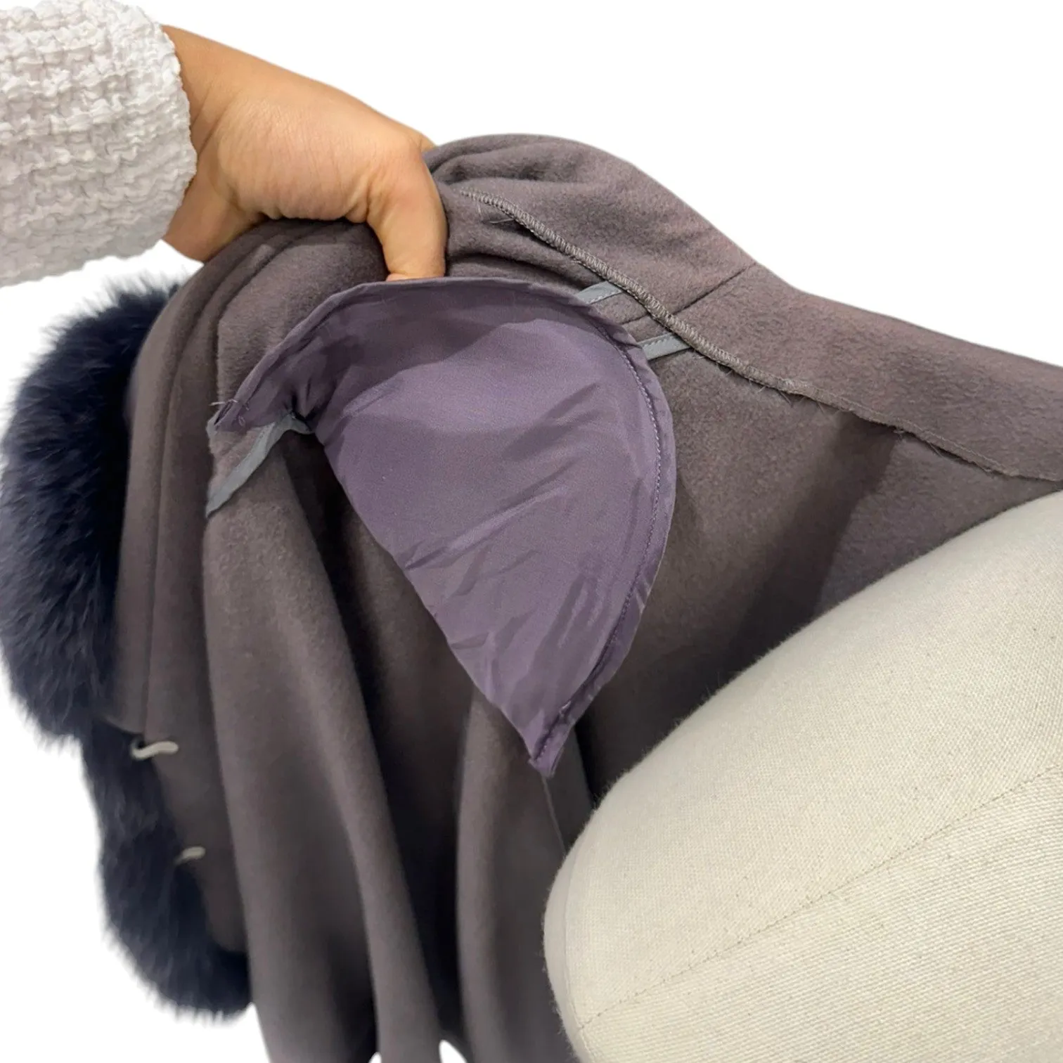 Open Front Coat Fox Fur Trim Cashmere Brown
