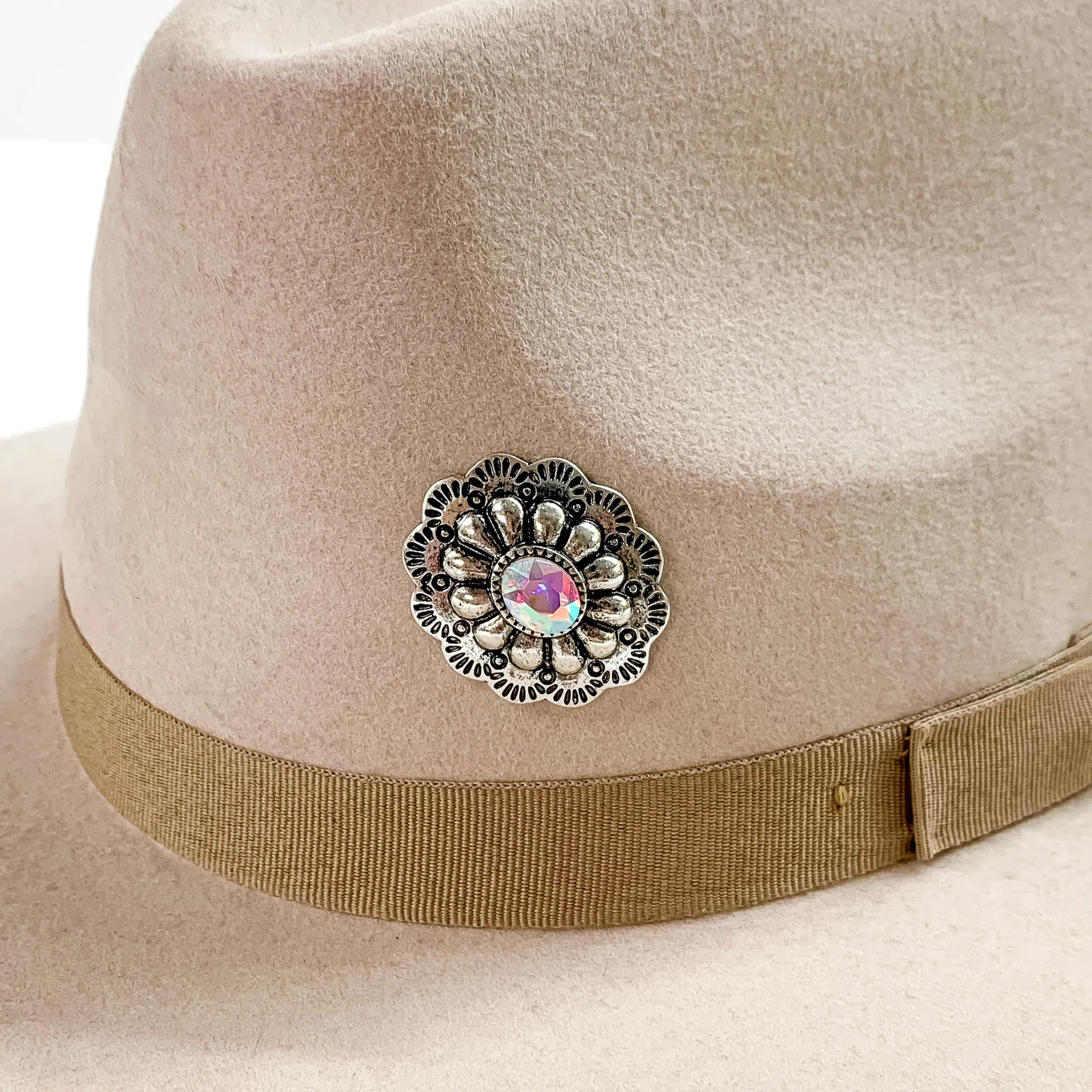 Oval Concho Hat Pin with Large Center AB Crystal in Silver Tone