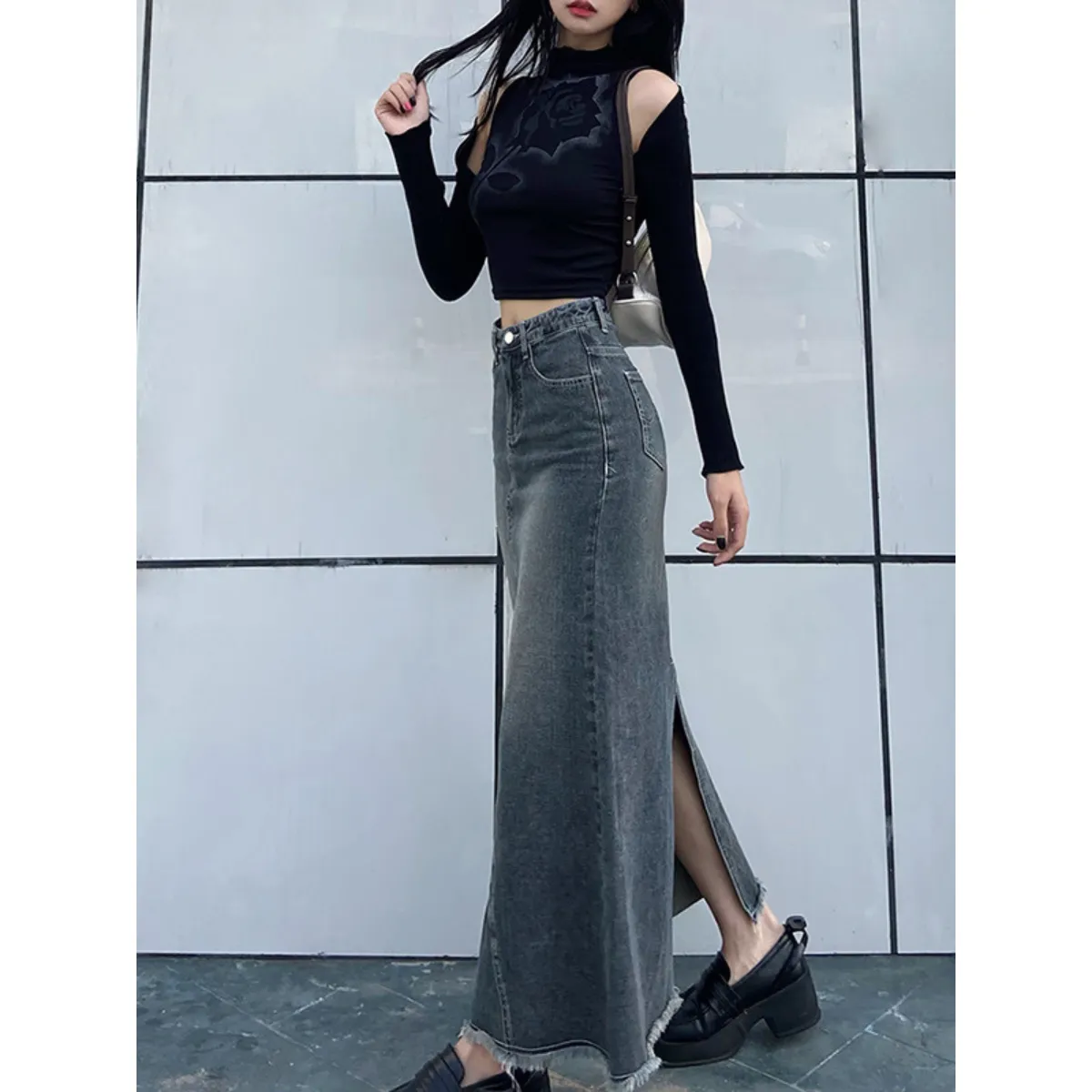 Pleated Ruffled Denim Skirt