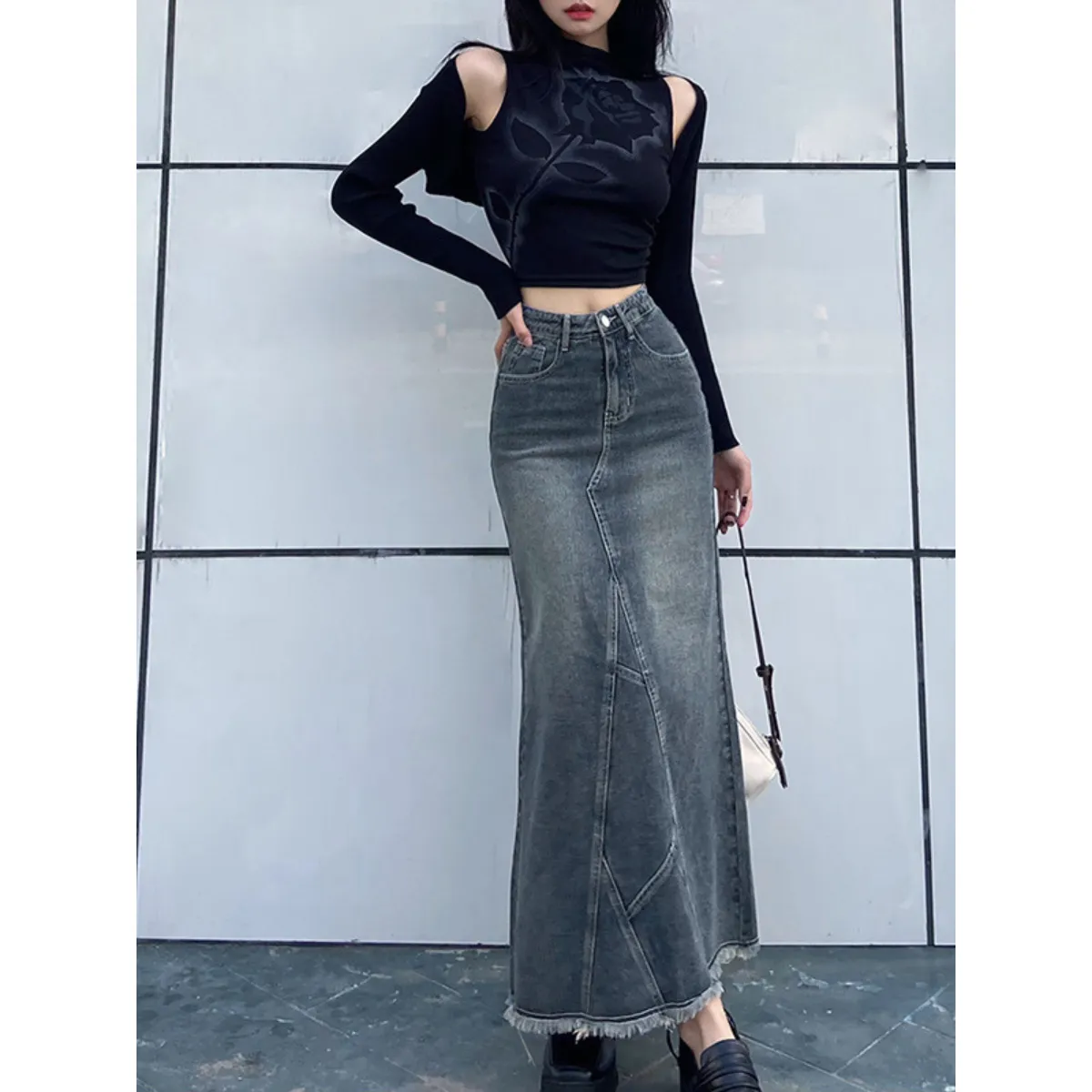 Pleated Ruffled Denim Skirt