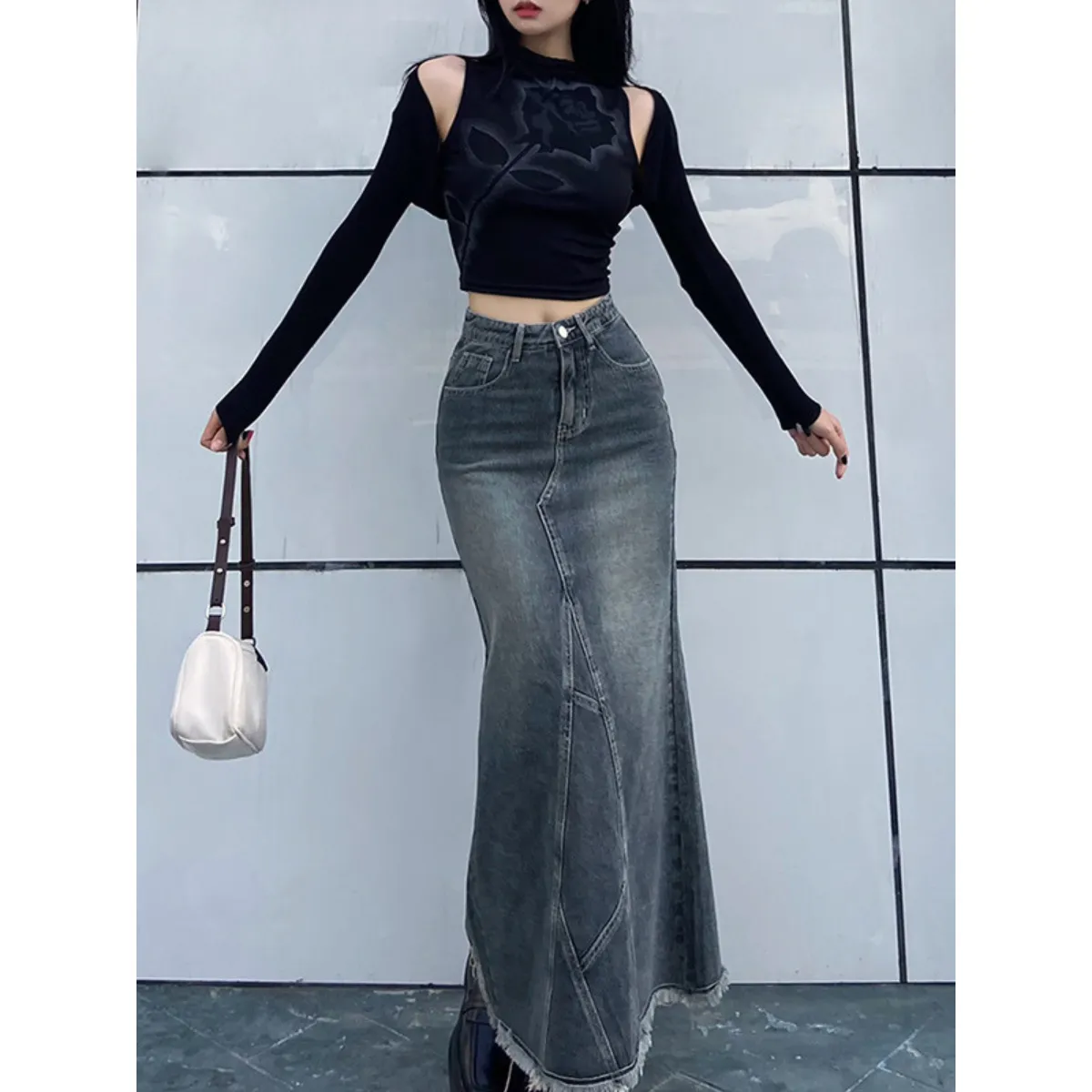 Pleated Ruffled Denim Skirt