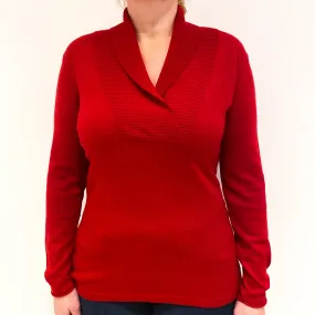Post Box Red Cashmere Shawl Collared V-Neck Jumper Large