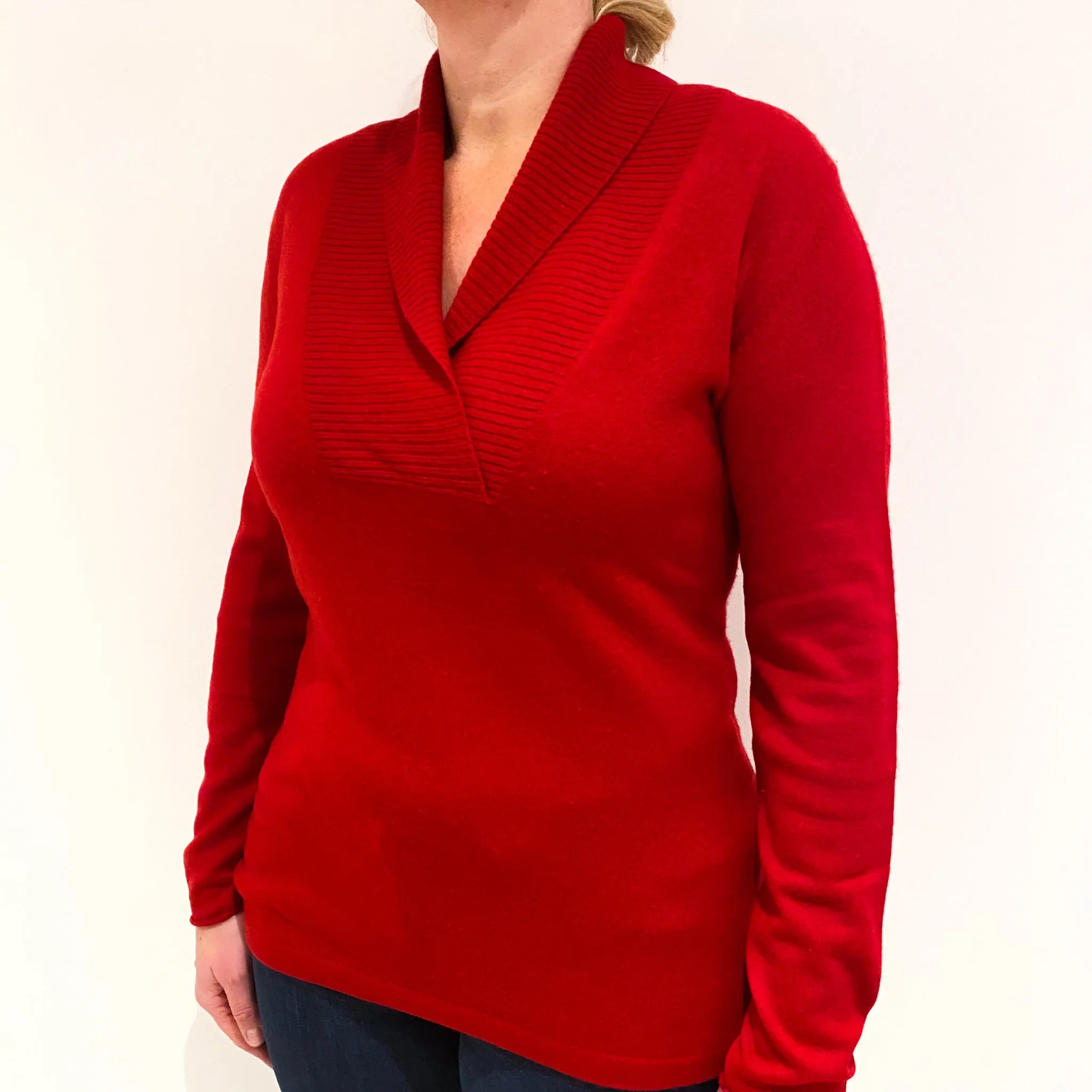Post Box Red Cashmere Shawl Collared V-Neck Jumper Large