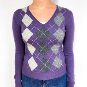 Purple Grey Argyle Cashmere V-Neck Jumper Small