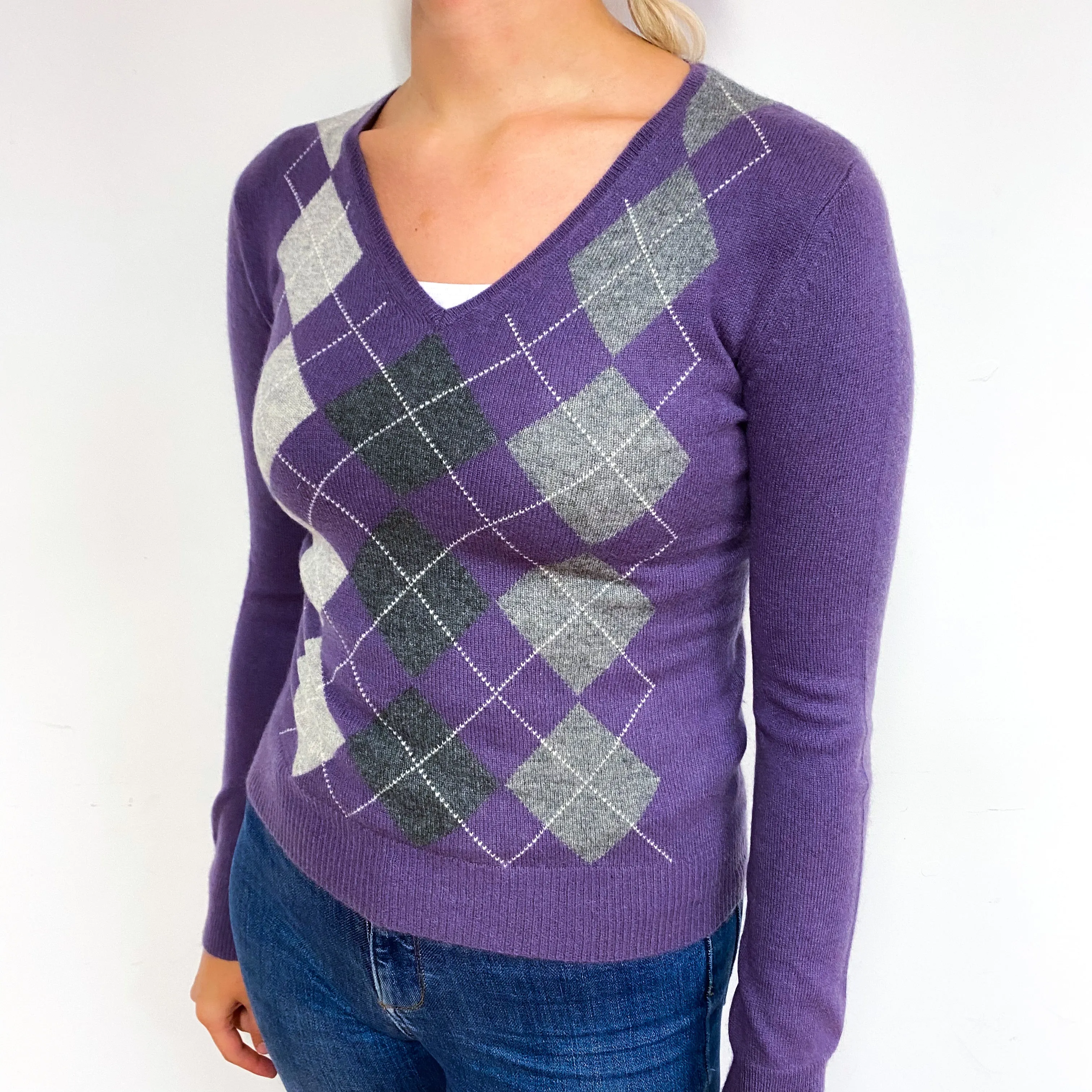 Purple Grey Argyle Cashmere V-Neck Jumper Small