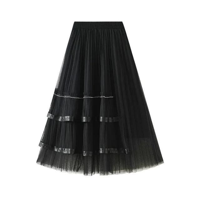 Rhinestone High Waisted Pleated Tiered Skirt