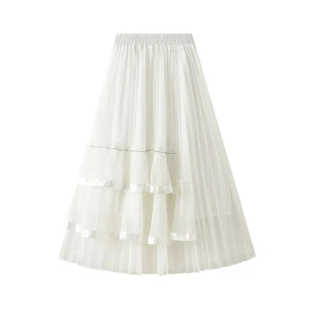 Rhinestone High Waisted Pleated Tiered Skirt