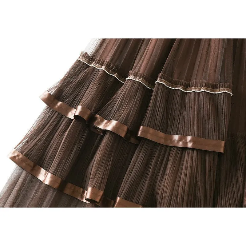 Rhinestone High Waisted Pleated Tiered Skirt