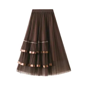 Rhinestone High Waisted Pleated Tiered Skirt