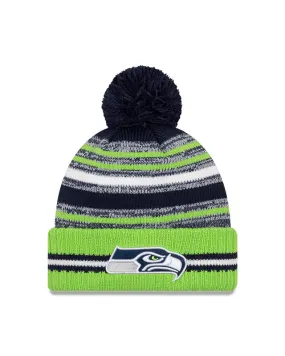 Seattle Seahawks New Era 2021 NFL Sideline - Sport Official Pom Cuffed Knit Hat - Neon/Navy