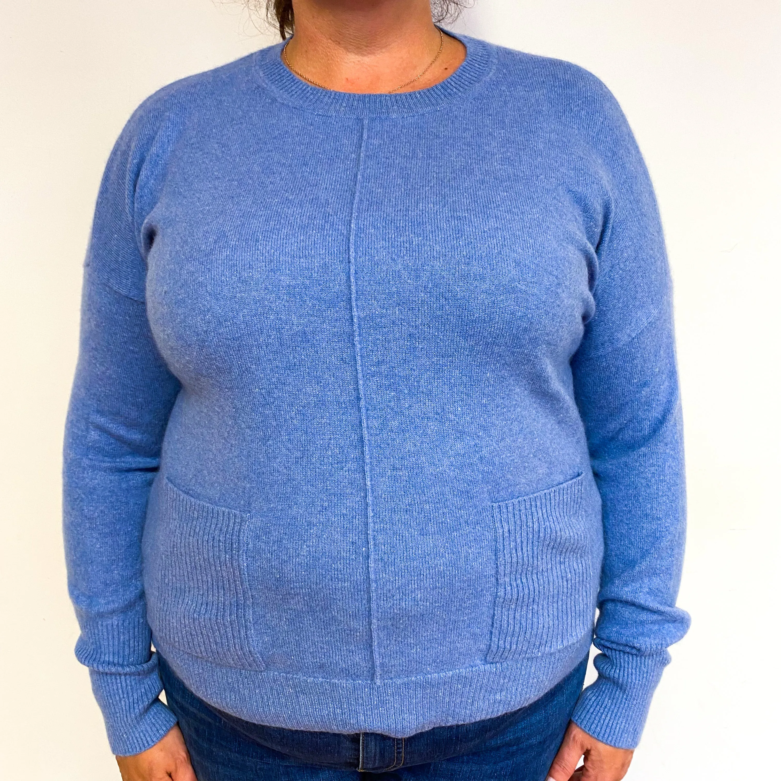 Sky Blue Cashmere Crew Neck Jumper with Pockets Extra Large