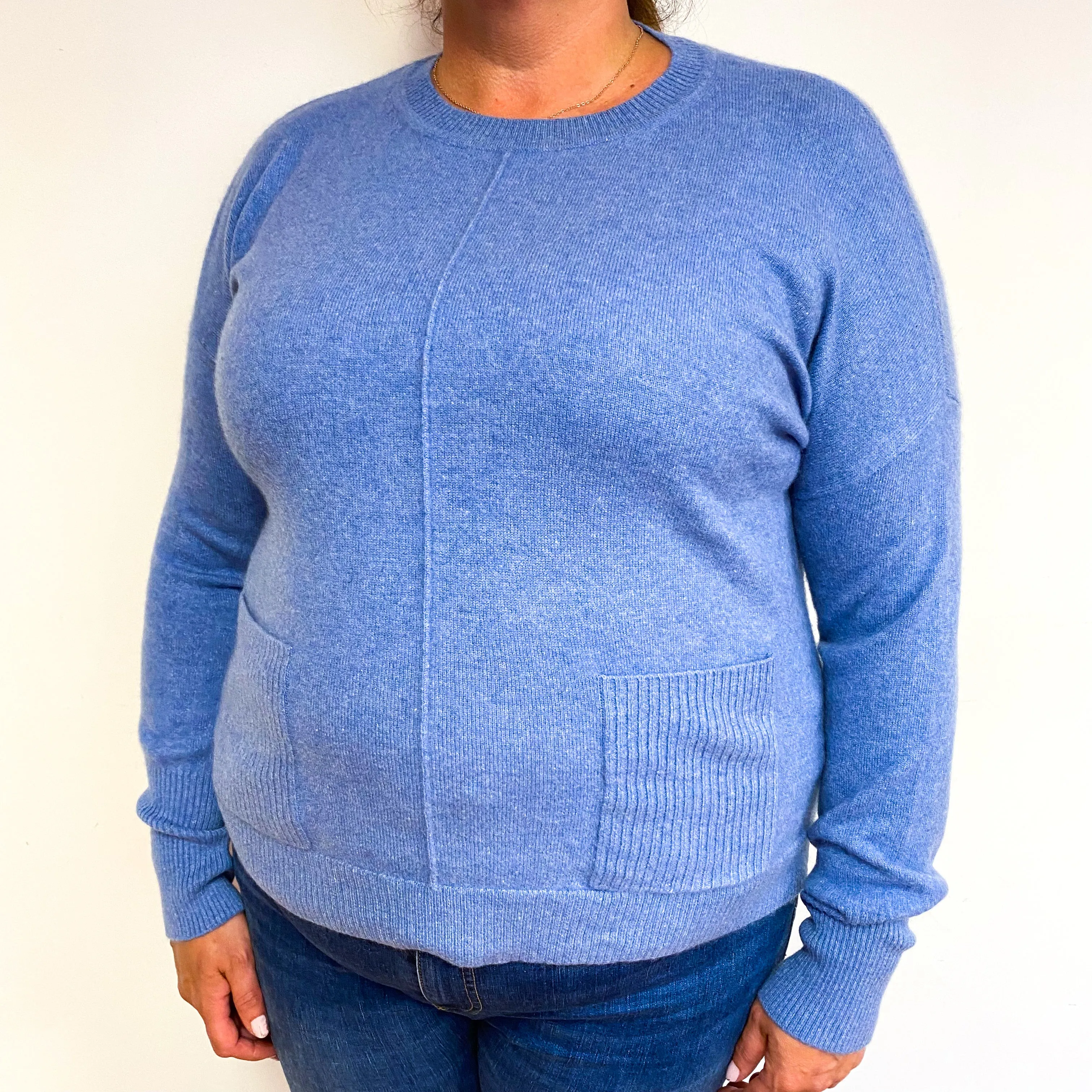 Sky Blue Cashmere Crew Neck Jumper with Pockets Extra Large