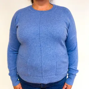 Sky Blue Cashmere Crew Neck Jumper with Pockets Extra Large